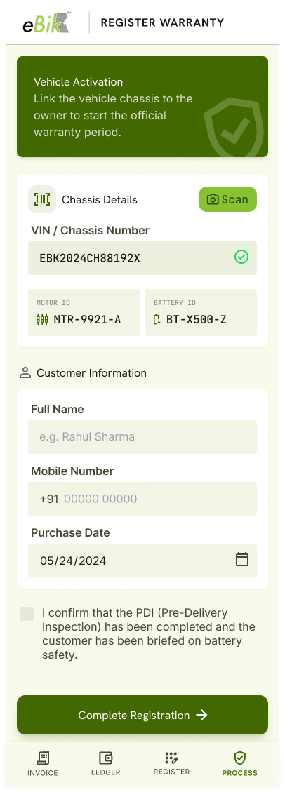 eBik Dealer - Register Warranty